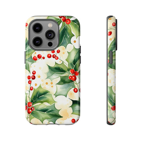 Christmas Holly on a Golden Background - Impact Resistant Phone Case iPhone 14 Pro Glossy